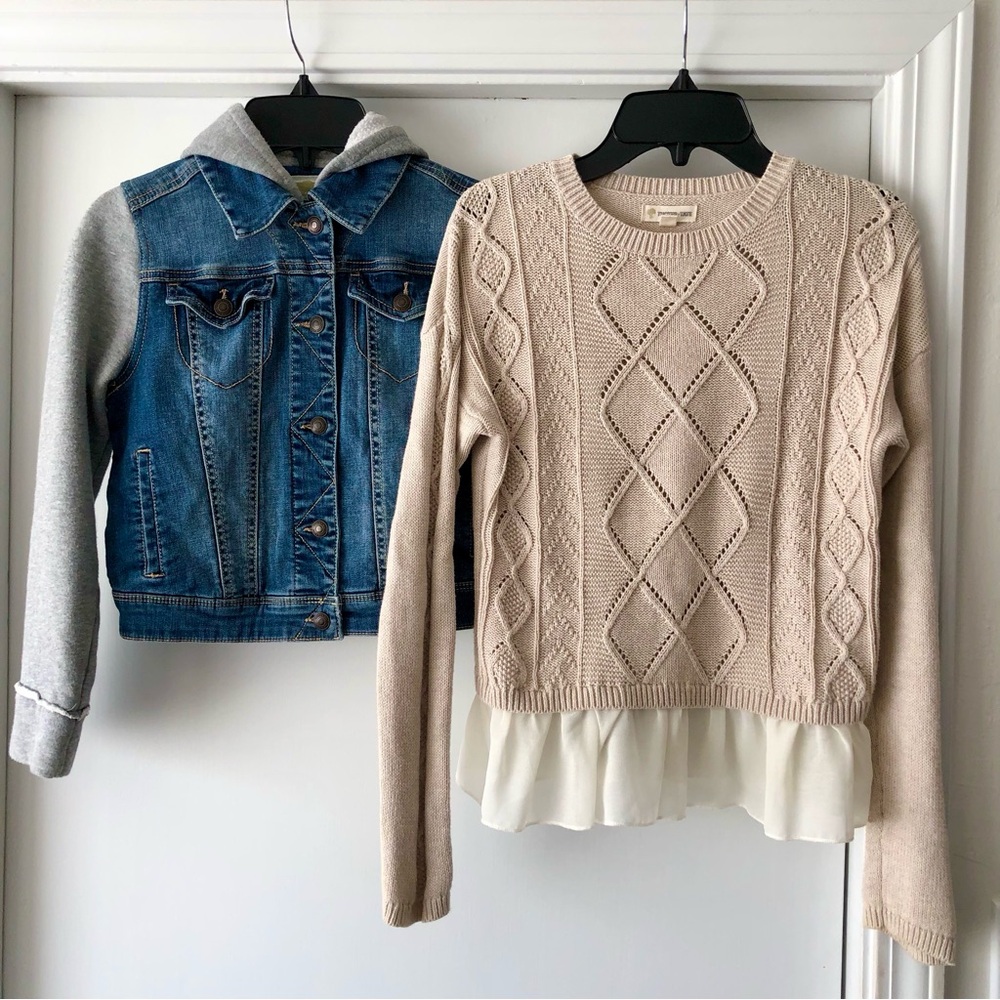 Tucker + Tate Girls Denim Jacket + Cable Knit Sweater, Size L 10-12